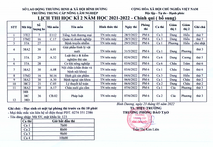 Lịch thi HK2, năm học 2021-2022 (bổ sung)